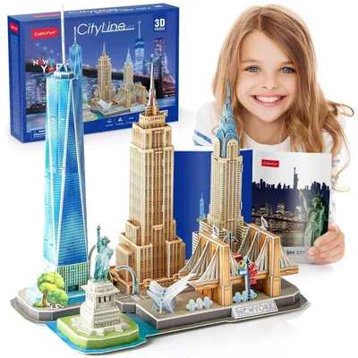 Obrázok produktu pre 3D puzzle, model budovy New York City, 123 dielikov. Obsahuje: Sochu Slobody, Empire State Building, Chrysler Building. Rozmery: 37x22,5x42 cm. Vhodné od 10 rokov