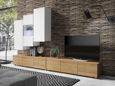 Produktbild von Wohnwand CALABRINI-17 Wohnzimmer-Set Hängewohnwand Schrankwand mit LED-Beleuchtung TV-Schrank Vitrine Moderne Anbauwand Hochglanz (Weiß / Goldene Eiche)