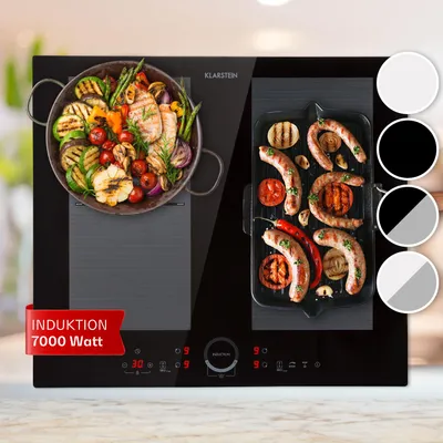 A collage showcasing an induction cooktop with food being prepared on it.