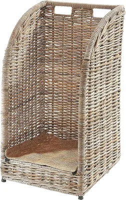Produktbild von Kaminholzwagen aus Rattan, Kubu Grey mit Leinenstoff, 44x34x 78 cm, robuste & stilvolle Holzaufbewahrung mit Rollen für Kaminholz, Brennholz im modernen Design
