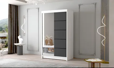 Produktbild von Schwebetürenschrank Letto III 100 cm mit Spiegel - Groß Kleiderschrank, Schiebetürenschrank mit Kleiderstange und Einlegeboden, Schlafzimmerschrank, Schiebetüren, 100x200x58 cm (Weiß/Schwarz)