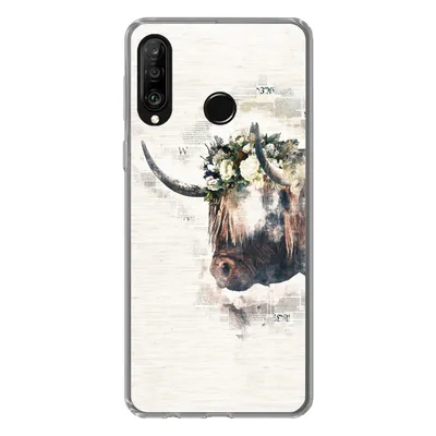 Produktbild von MuchoWow® Handyhülle Schutzhülle Hülle für Huawei P30 Lite Schottischer Highlander - Rauch - Blumen Silikon Softcase Handy Hülle - Handyhülle