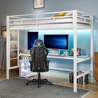 Produktbild von Odikalo Hochbett Metallbett Geländer Leiter Tisch USB Steckdose Weiß 90*200 cm