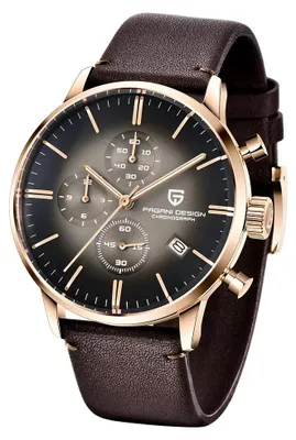 Produktbild von Herrenuhr Pagani Design Larith, Quarz, echtes Leder, Chronograph, Braun / Roségold