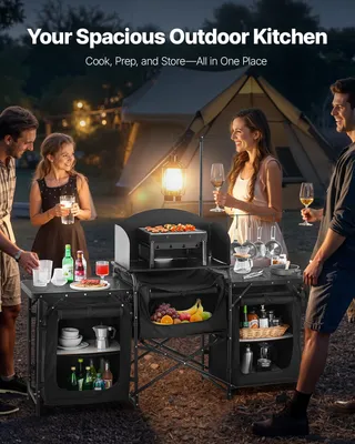 Produktbild von Camping Küchentisch Outdoor Kochtisch, tragbare Kochstation aus Aluminium mit 3 Lagerschränken& Tragetasche, & abnehmbarer Windschutzscheibe, für Grillpartys Picknicks Wohnmobilreisen schwarz