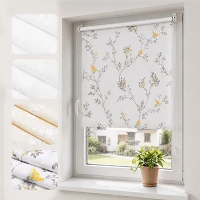 Produktbild von Verdunkelungsrollo Seitenzugrollo ohne Bohren Klemmfix Muster Rollo Fensterrollo Vogel Gelb auf Weiß 80x130cm