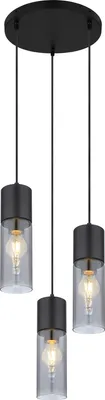 A black pendant light fixture with three glass shades and exposed bulbs.