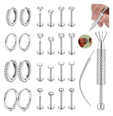 Produktbild von 12 Paar Chirurgenstahl Ohrringe für Damen, Medizinische Creolen & Ohrstecker Set, Mehrfachpiercing, Silber