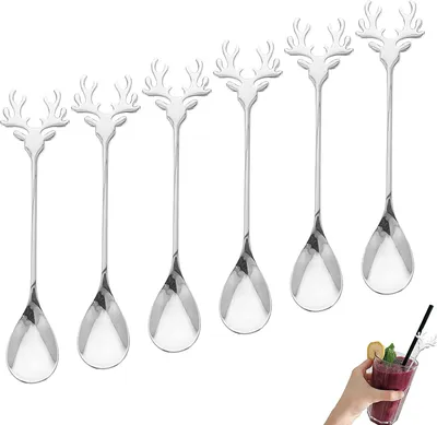 Produktbild von 6 Stück Elch Rührlöffel Edelstahl Löffel Kreativer Weihnachtslöffel Geschenk Kaffeel Kuchenlöffel Tee Löffel