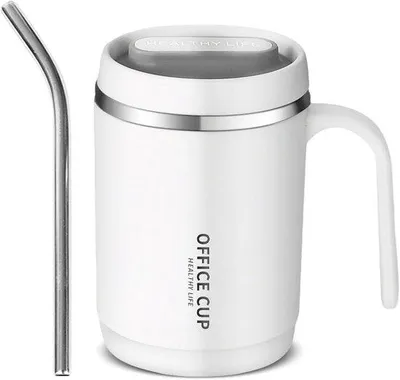 Produktbild von Famanu Kaffeebecher 400 ml mit Deckel und Strohhalm - Doppelwandig, für warme und kalte Getränke