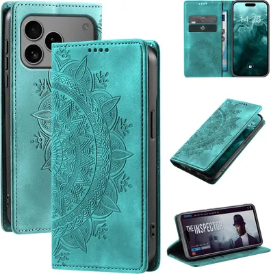 Produktbild von Mandala Handyhülle für Apple iPhone 17 Pro RFID Schutz Klapphülle Case Cover Design Schutzhülle Farbe: Türkis