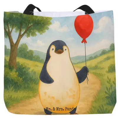 Produktbild von Mr. & Mrs. Panda Stoffbeutel Pinguin Luftballon Design - Weiß - Geschenk, Liebe, Gute Laune, Fröhlich, Tote Bag, Pinguine, Strandtasche, Laptoptasche, Schultasche, Tasche
