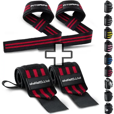 Produktbild von Fitgriff® Handgelenk Bandagen + Zughilfen (2er Set) - für Krafttraining, Fitness, Bodybuilding, Gewichtheben, Gym, Kraftsport - für Frauen und Männer (Black/Red)