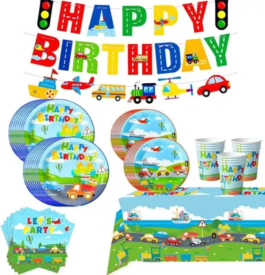 Immagine prodotto di Set di stoviglie per 24 persone, ideale per feste di compleanno: piatti di carta, tovaglioli, tovaglia e decorazioni