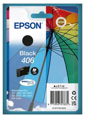 Imagen del producto de Tinta para impresora Epson 406, DURABrite Ultra, rendimiento estándar, color negro, 8,7 ml, 1 unidad, 1200 páginas, envase individual