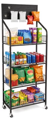 4-stufiges Displayregal mit Rollen, 3 kg/Fach, 50x30x140 cm, schwarz