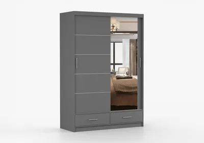 Produktbild von FRENCE Schwebetürenschrank Kleiderschrank 150 cm Grau mit Spiegel, Schubladen, Schiebetürenschrank Schlafzimmer