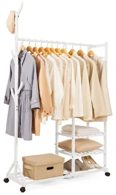Kleiderständer 4-in-1 aus Bambus, mit Rollen, 100x38x176 cm, Weiß