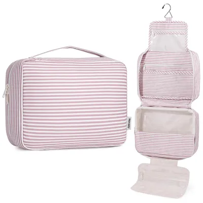 Immagine prodotto di Borsa da toilette grande per donna - Borsa da trucco appendibile con strisce rosa