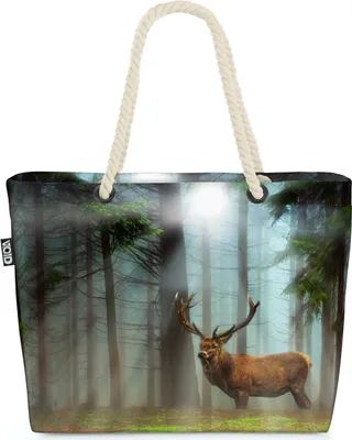Produktbild von VOID Hirsch Nebelwald Landschaft Strandtasche Shopper 58x38x16cm 23L XXL Einkaufstasche Tasche Reisetasche Beach Bag