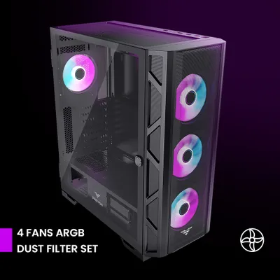 Produktbild von PREYON Nest Meshy+ Computergehäuse, Midi Tower, ATX, e-ATX, uATX, Mini ITX, 4x PWM 120 mm ARGB Lüfter, gehärtete Glasscheibe, RGB