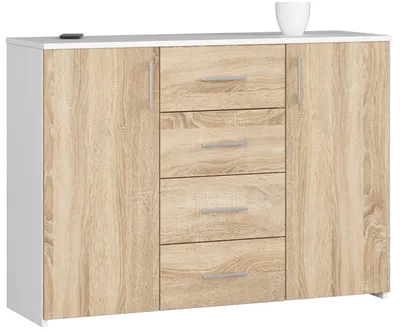 Produktbild von Kommode – Sideboard – Schubladenkommode – 110 cm – Weiß / Sonoma Eiche – Zeitlose Ordnung mit großzügigem Stauraum
