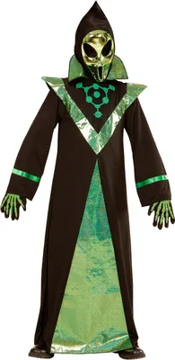 A full-body shot of a child's alien costume on a white background.