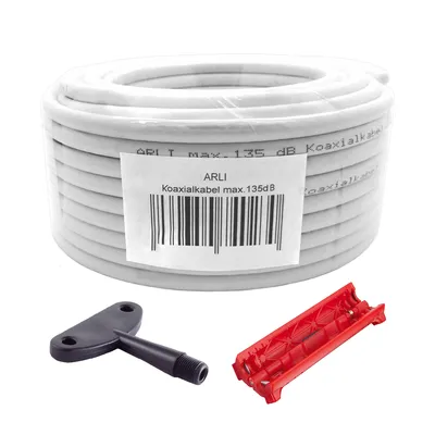 Produktbild von ARLI 50m Koaxialkabel max. 135dB 5-fach geschirmt + Abisolierer & Aufdrehhilfe – Werkzeug Set für DVB-S/S2, DVB-T/T2, DVB-C/C2, 4K UHD