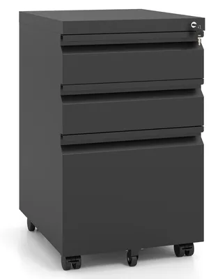 Zdjęcie produktu dla COSTWAY Kontener na kółkach, szafka na dokumenty z 3 szufladami, półką na długopisy i wiszącą segregatorem na dokumenty, kontener biurowy, metalowa szafka z 5 kółkami, czarna