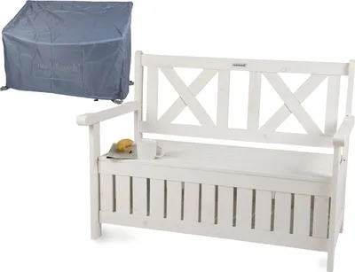 Produktbild von needs&wants® Gartenbank Holz wetterfest mit Stauraum und Abdeckung, 2-Sitzer Truhenbank Holzbank klassisch, Parkbank Sitzbank massiv Garten Outdoor mit Truhe, 115x58x85 cm, Naturholz Massivholz, weiß