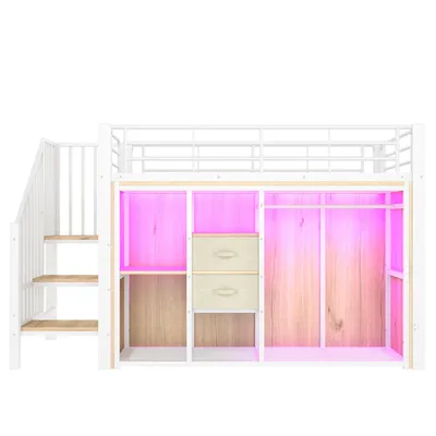 Produktbild von Flieks Etagenbett 90x200cm mit Led, Jugendbett Metallbett mit Schubladen und Kleiderstange, Kinderbett Hochbett mit Treppe, Weiß