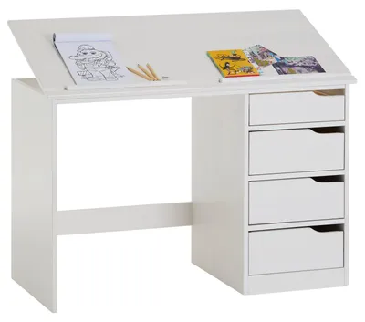 Produktbild von Kinderschreibtisch EMMA aus Kiefer Massivholz, weiß - Schreibtisch mit neigungsverstellbarer Tischplatte, schöner Jugendschreibtisch mit 4 Schubladen