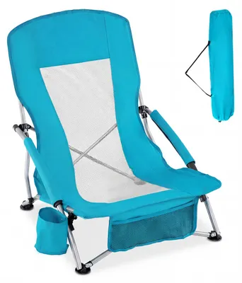 Immagine prodotto di Sedia pieghevole da spiaggia COSTWAY, leggera, con capacità di carico fino a 113,5 kg, sedia da campeggio con tessuto a rete traspirante, portabicchieri e tasca a rete, sedia pieghevole, colore blu