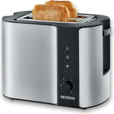 Produktbild von Automatik-Toaster Brotscheibenzentrierung SEVERIN AT 2589 ca. 800 W AT 2589 aus Edelstahl, gebürstetschwarzsilber Toaster Toaster 2 Scheiben Toaster Edelstahl Toaster Mit Brötchenaufsatz