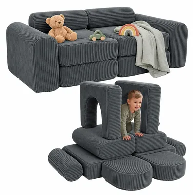 Zdjęcie produktu dla Relaxdays, modułowa kanapa dla dzieci, 10 elementów, miękkie klocki, kanapa dla dzieci, obicie: tkanina, wymiary: 32x108x50 cm, kanapa do zabawy, kolor: szary
