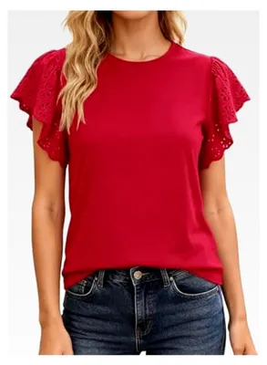 Produktbild von Damenoberteil mit Rüschenärmeln und Rundhalsausschnitt Einfarbig Lässiges Hemd Elegante Spitzenbluse Kurzarm T-Shirt Große Größen Pullover Spitze Aushöhlen Tunika Tops für Freizeit und Büro