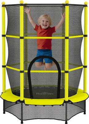 Obrázek produktu pro Dětská trampolína – kulatá trampolína – Ø 140 cm, bezpečnostní síť, max. 50 kg, věk 3–10 let, vnitřní/venkovní použití – žlutá