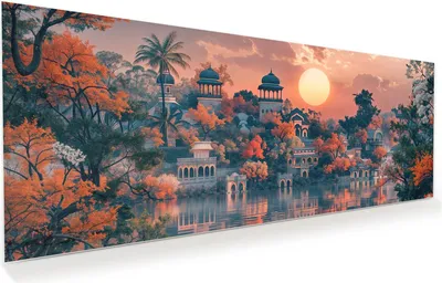 Produktbild von Glasbild 150x60cm in XXL für Wohnzimmer, Schlafzimmer Motiv Sonnenuntergangspalast
