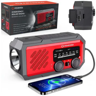 Zdjęcie produktu dla REVENTO® Ratunkowe radio solarne na korbkę, awaryjne radio z lampką LED, powerbank na smartfona 2000 mAh