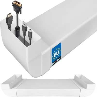 A white cable management channel with cables plugged into it, shown from a diagonal angle. A second image below shows the same product from a side view.