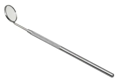 Produktbild von Zahnarztspiegel aus Metall, 16 cm lang, 2 cm Spiegeldurchmesser, mit Vergrößerung und austauschbarer Linse