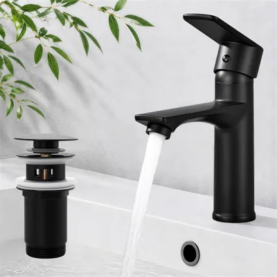 Produktbild von Wasserhahn Bad Schwarz +Universal Ablaufgarnitur Schwarz, Armatur Mischbatterie Waschbeckenarmatur mit Pop-Up Ventil Edelstahl Messing