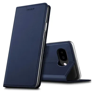 A dark blue flip case for a smartphone is shown in a studio setting against a white background. The case is partially open, revealing the back of a smartphone with a dual camera setup.