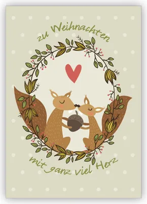 Produktbild von 4x Tolle Liebes Weihnachtskarte mit Eichhörnchen auf graugrün: zu Weihnachten mit ganz viel Herz