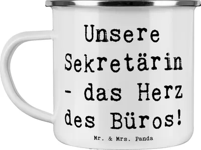 Produktbild von Mr. & Mrs. Panda Teetasse Spruch Sekretärin Herz - Weiß - Geschenk, Pott, Emaille Tasse, Becher, Bedanken, Danke sagen im Büro, Teebecher, Aufmerksamkeit, metallbecher