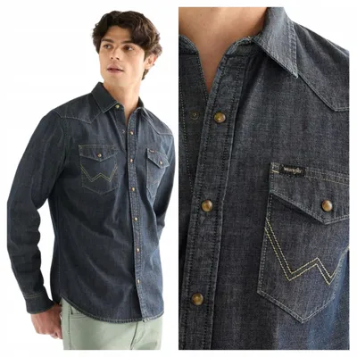 Obrázek produktu pro Wrangler | Pánská košile, westernový styl, modrá, klasický střih, bavlna, regular fit, dlouhý rukáv, velikost S