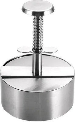 A stainless steel burger press is shown against a white background.