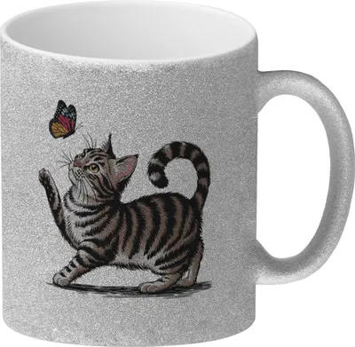 Produktbild von Katze mit Schmetterling Glitzer-Kaffeebecher für Tierliebhaber