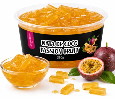Productafbeelding van BubbleJoy Nata de Coco Passievrucht, 350 g. Kokosgelblokjes voor bubble tea