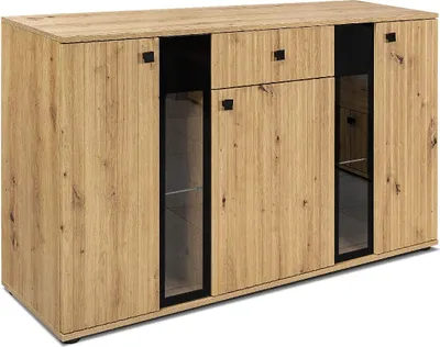 Produktbild von Kommode SALSA MDF Front mit LAMELLEN-Fräsung Sideboard 140,4 cm mit Schubladen mit 3 Türen Highboard Schrank Wohnzimmer Artisan/ Artisan